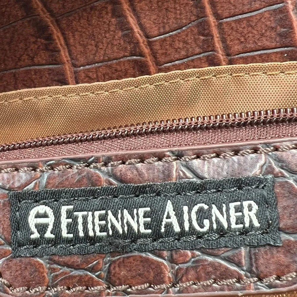 Etienne Aigner Laptop Messenger Bag Women Large Brown Good Croc Embossed
